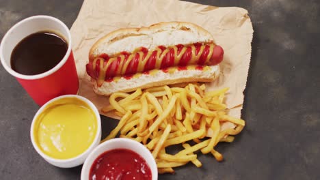 video of hot dog with mustard, ketchup and chips on a black surface