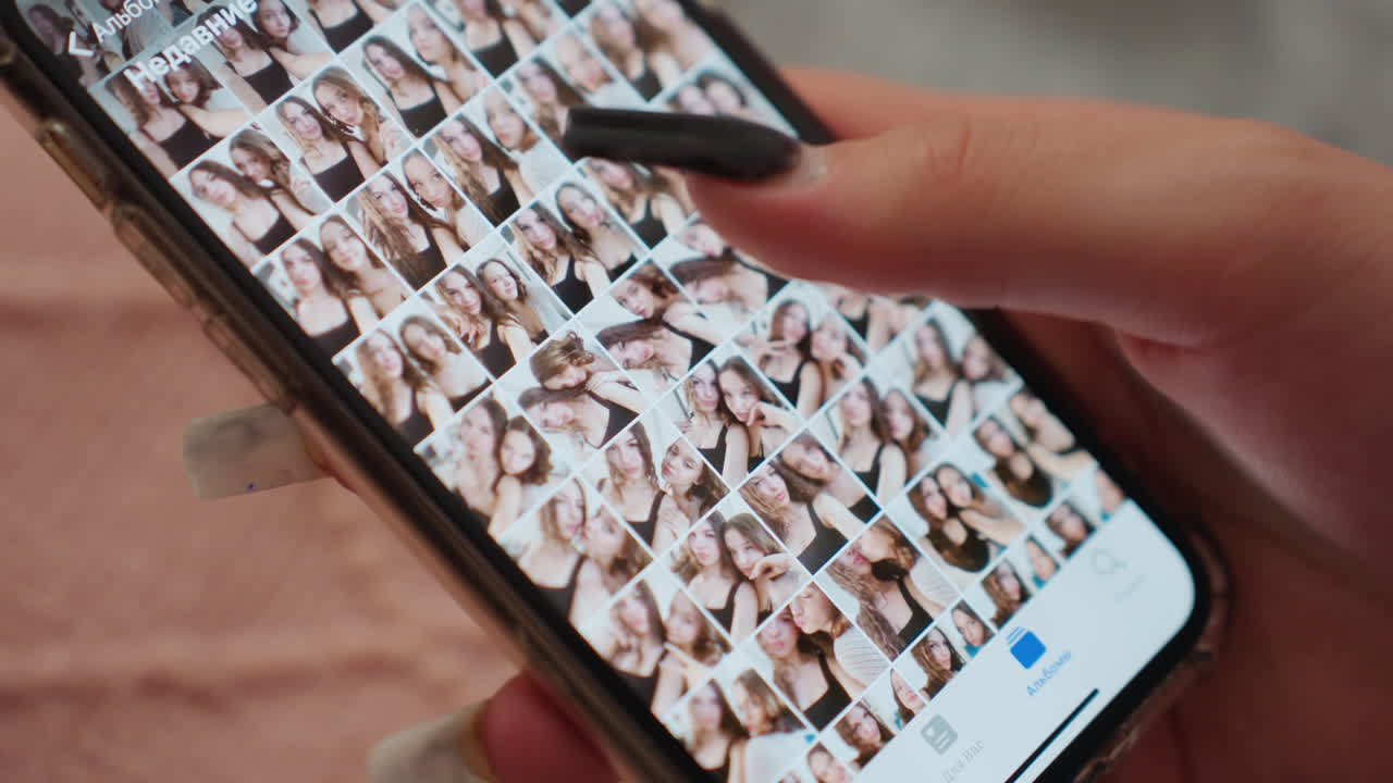 CloseUp Smartphone Gallery Of Caucasian Influencer Scrolling Selfies With Long Black Nails, Thumbnail Grid, Tapping To Select Portrait, Cozy Bed Background, Daylight, Candid Expressions And Social