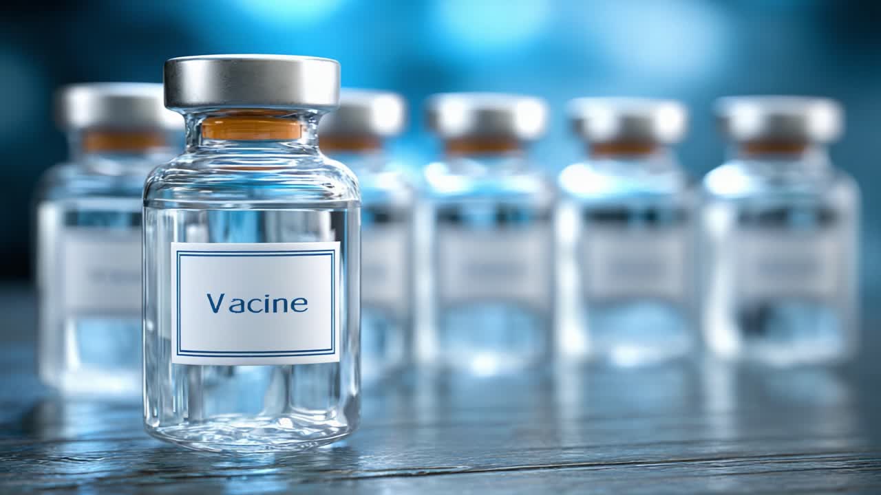Et nærbillede af vaccineglasampuller, der viser deres gennemsigtighed, med en blød blå baggrund, symboliserende sundhed og immunisering i en klinisk setting.