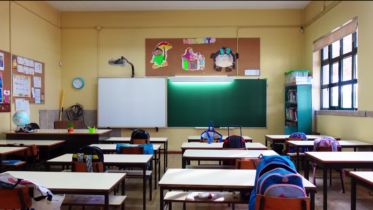 Empty classroom with tables and chairs