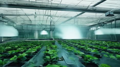 greenhouses with rows of plants and a sprinkler system