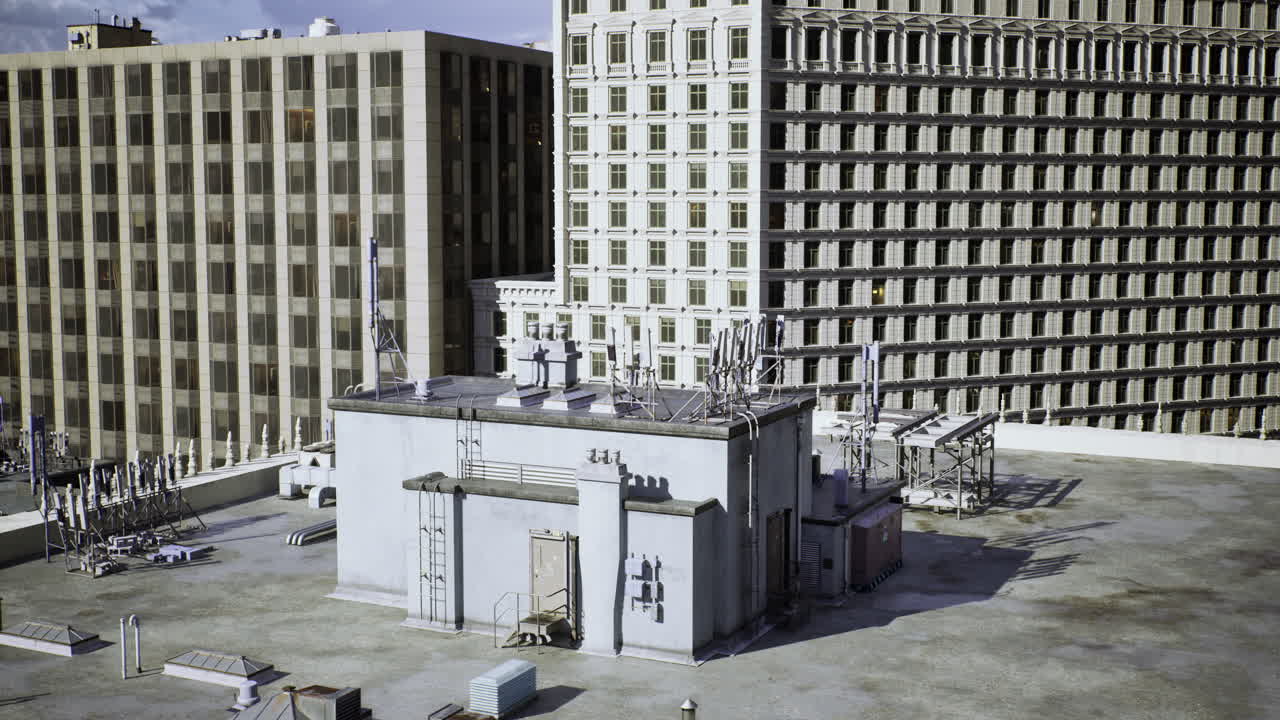 Rooftop view of urban buildings with communication equipment in a busy city