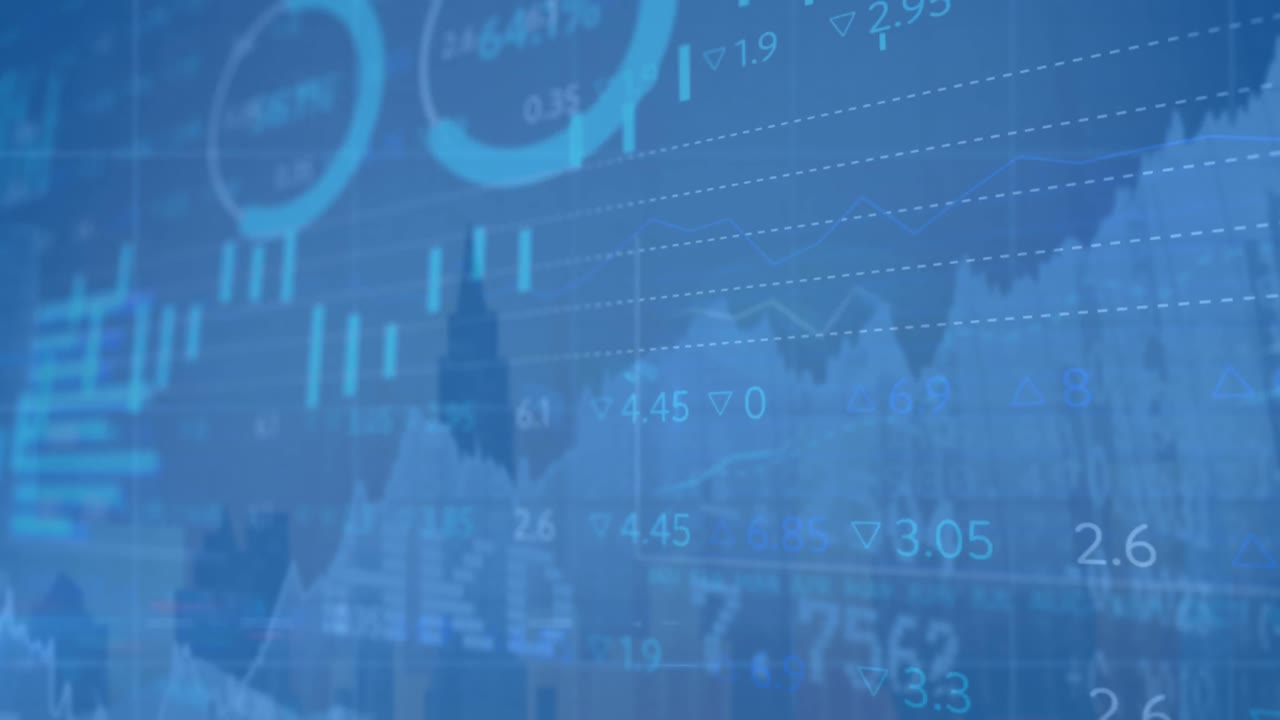 Animation of financial data processing over cityscape