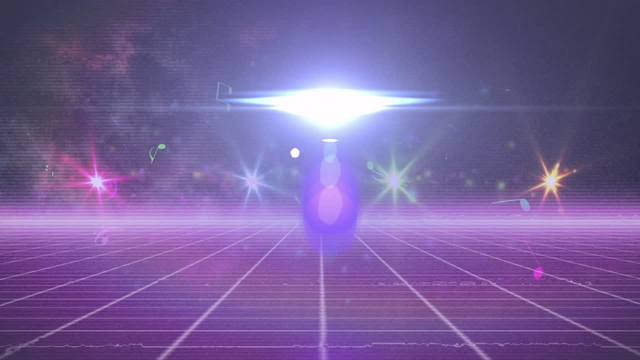 Retro-futuristic landscape being animated with glowing purple grid and drifting music notes