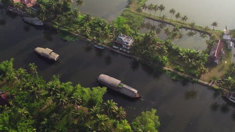 4k aerial shot of house boats travelling through backwaters in alapuzha