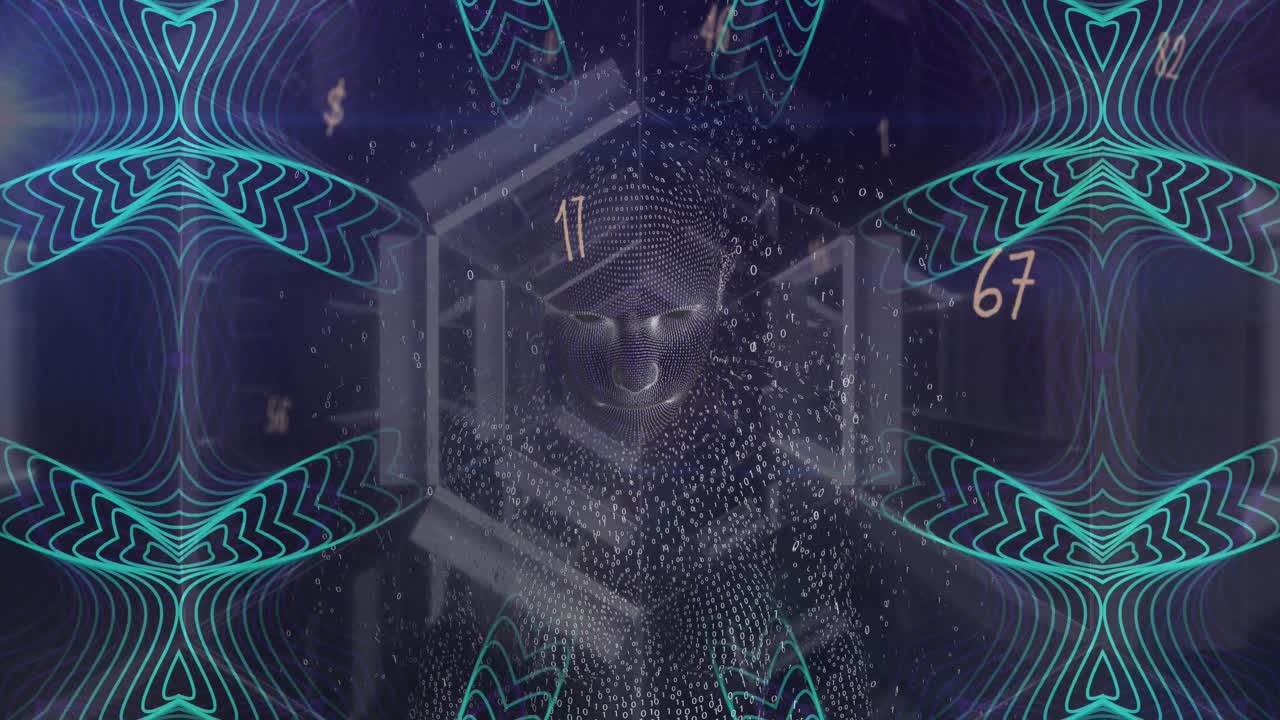 Animation of data processing and digital human head over shapes on black background