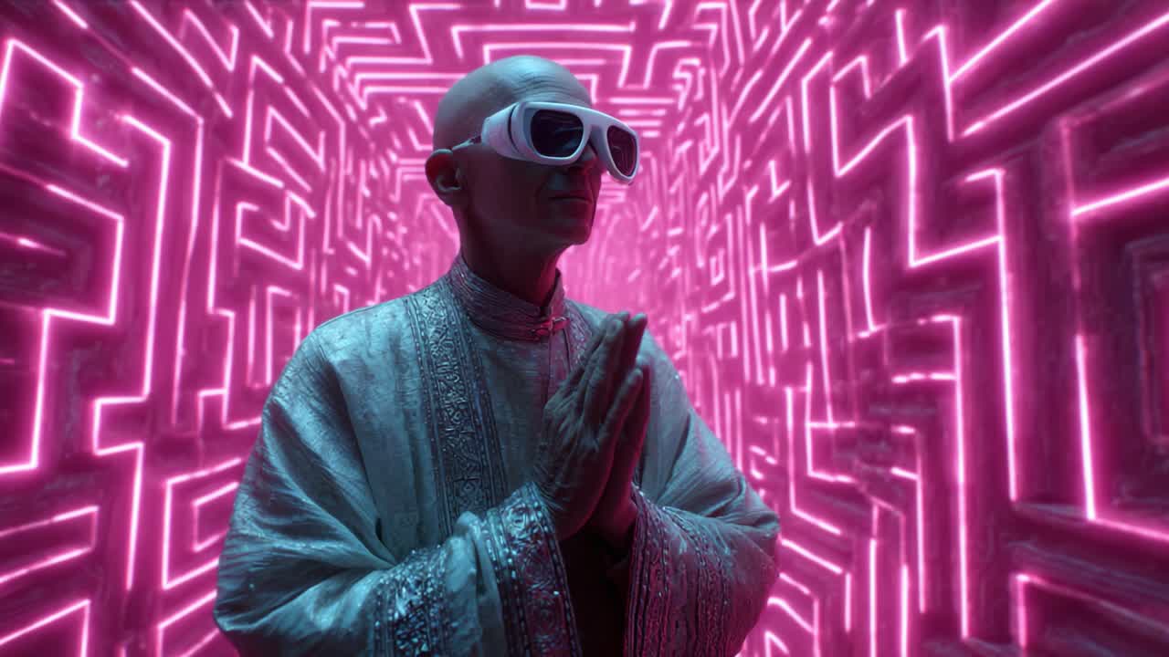 A Dramatic Encounter in a Neon Labyrinth: The Meditative Presence of a Figure in Stylish Sunglasses Surrounded by Pulsating Pink Light, Offering an Otherworldly Atmosphere of Contemplation and Mystery
