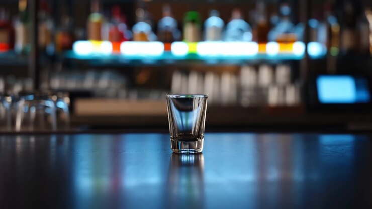 Un singolo bicchierino trasparente centrato su un bancone da bar riflettente, sotto una fredda retroilluminazione ambientale. Bottiglie di liquore sfocate e scaffali illuminati creano un effetto bokeh.