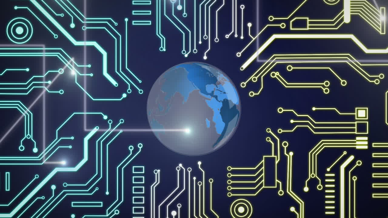 animación de un globo giratorio con una placa de circuito brillante