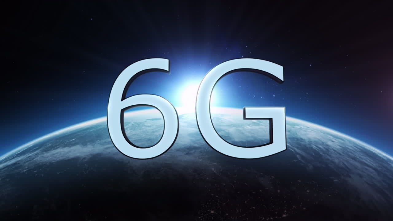 Animation of pink cubes and 6g over globe rotating in space