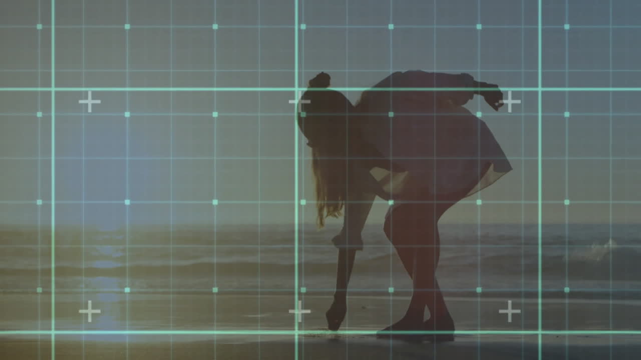 On beach, person silhouette with grid overlay, suggesting data analysis animation