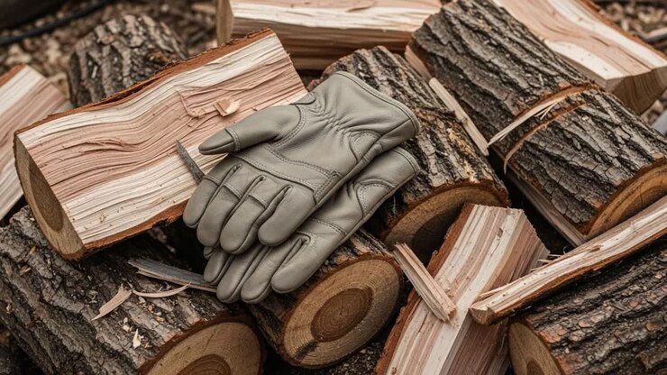 A Pair of Durable Leather Gloves Resting on a Pile of Freshly Cut Logs, Reflecting the Outdoor Spirit of Woodworking and Nature's Craftsmanship