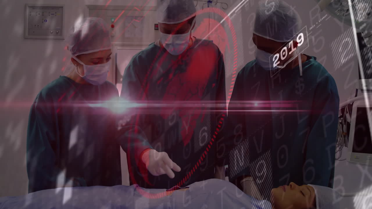 Surgical team performing operation in operating room, with augmented reality HUD guiding surgery
