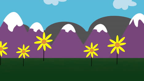 Cartoon-Animationshintergrund-Mit-Blumen-Und-Abstraktem-Berghintergrund