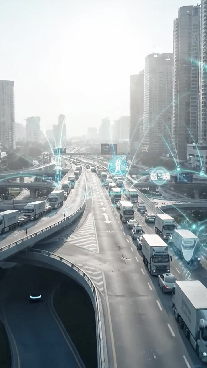 Vista aerea di un'autostrada urbana trafficata con connettività avanzata in un moderno paesaggio cittadino, raffigurata da reti digitali e veicoli in movimento fluido.