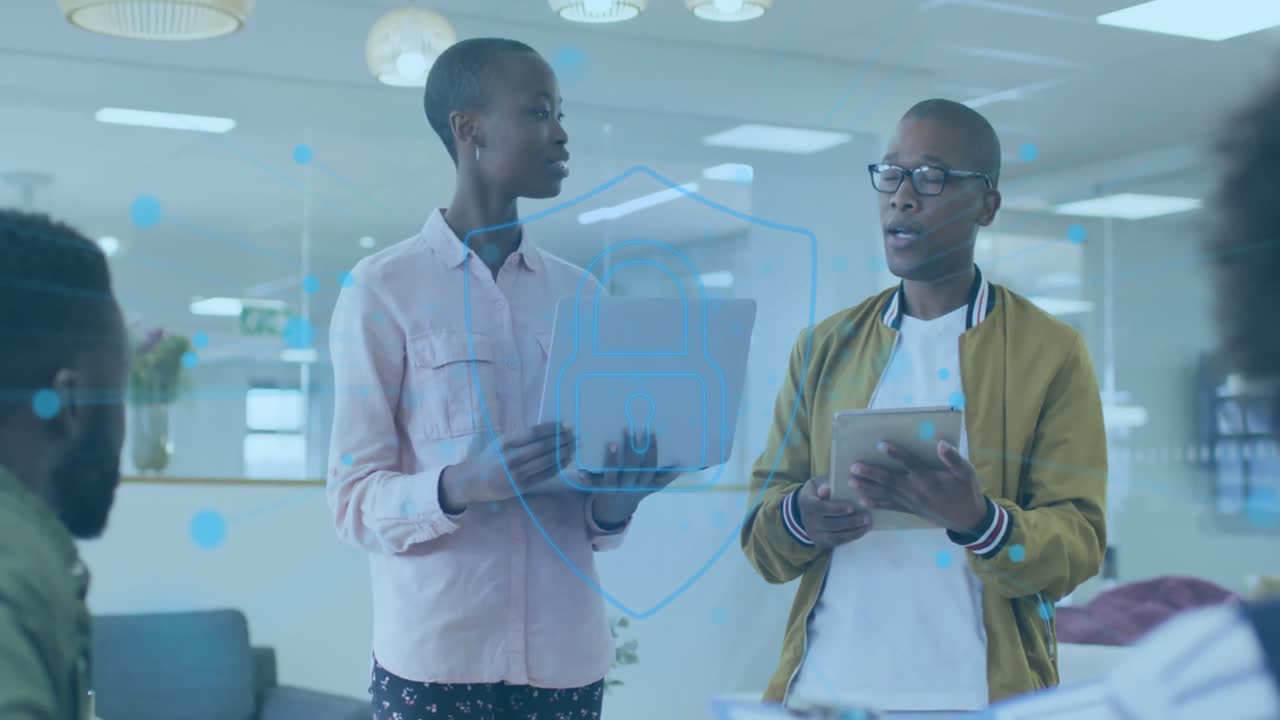 Animation of padlock over diverse business people in office