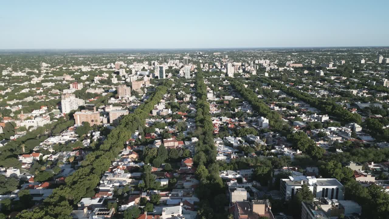 vista aérea de la ciudad del centro urbano de mendoza, argentina a plena luz del día, arquitectura de edificios y copas de los árboles verdes de los famosos viñedos destino de viaje