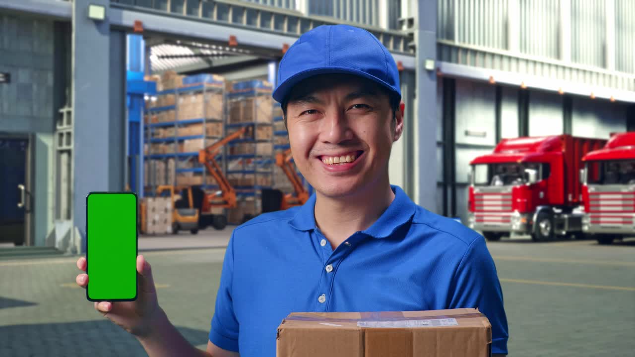 Close Up Of Asian male Courier In Blue Uniform Smiling And Showing Green Screen Smartphone While Delivering A Carton, Outside of Logistics Distributions Warehouse