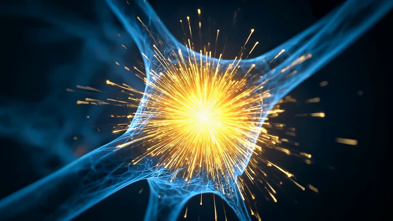 Ricezione della scintilla, nodo sinaptico che illumina il nucleo e irradia tracce all'interno della mesh blu inviando il segnale