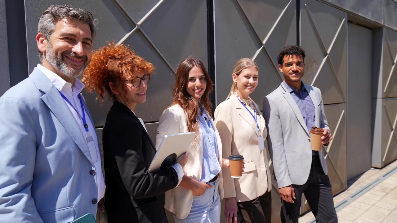 Gruppo eterogeneo di professionisti aziendali che sorridono all'aperto con il caffè