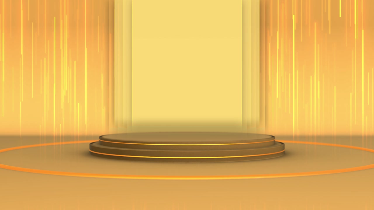 Immagine di vetrina di lusso con palco dorato, piattaforma circolare luminosa, fasci di luce che cadono e calda atmosfera premium