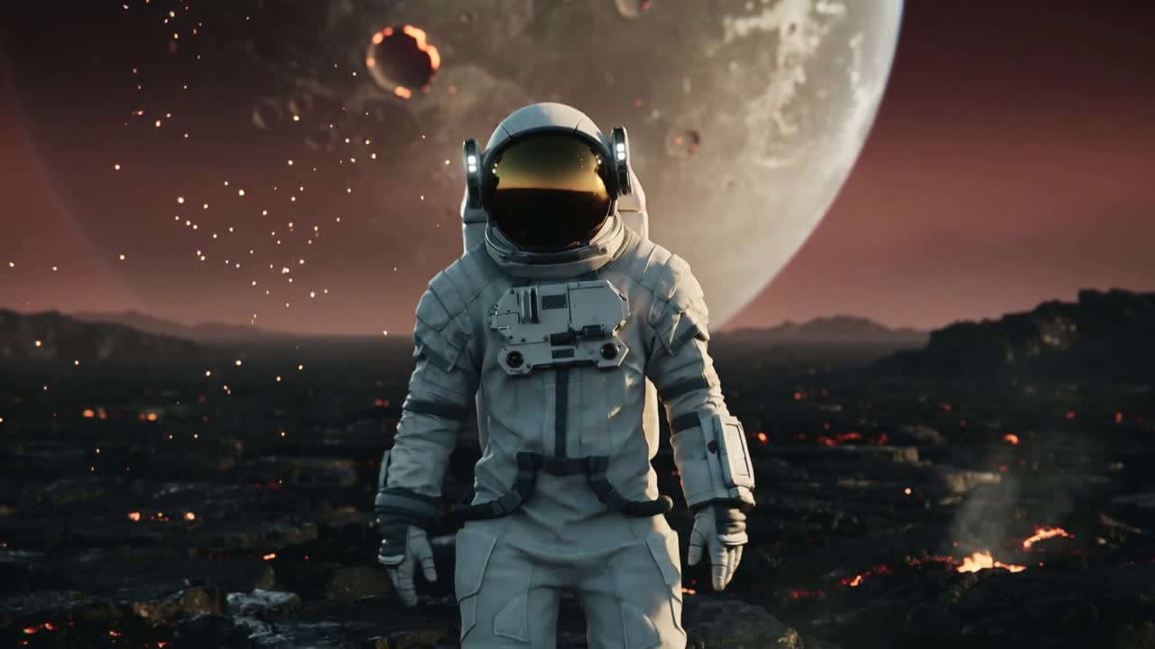 Gående astronaut nærmer sig, mens kameraet zoomer ind på lavaslette, viser visir, rumdragt-rygsæk, planet.