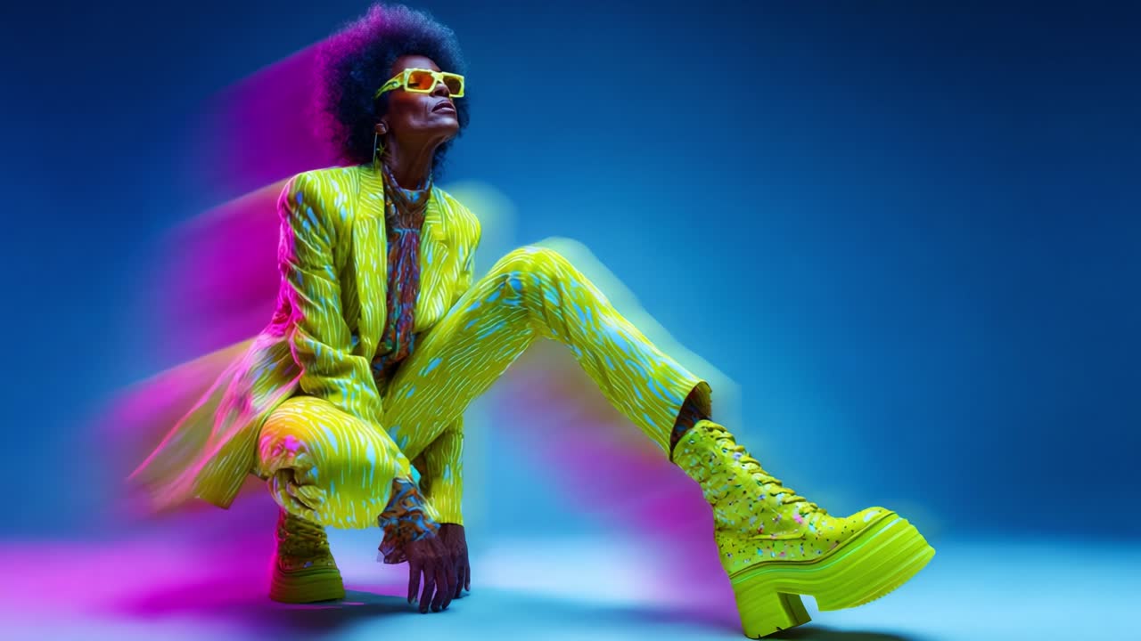 A striking fashion model showcases vibrant neon attire in a dynamic pose, embodying modern style with bold colors, intricate patterns, and unique footwear that captures attention and inspires creativity