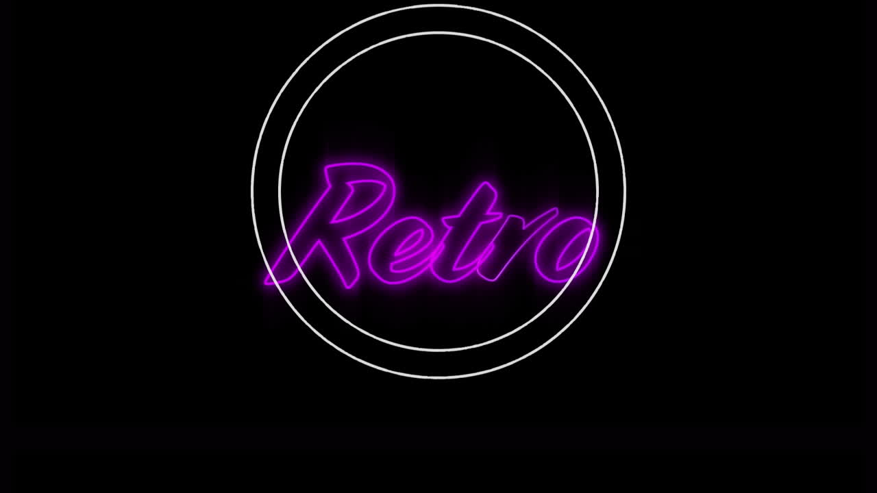 Animazione del testo "retro" con lettere al neon rosa e un contorno circolare bianco su sfondo nero