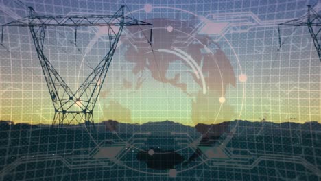 animation of data processing and globe over electricity pylons