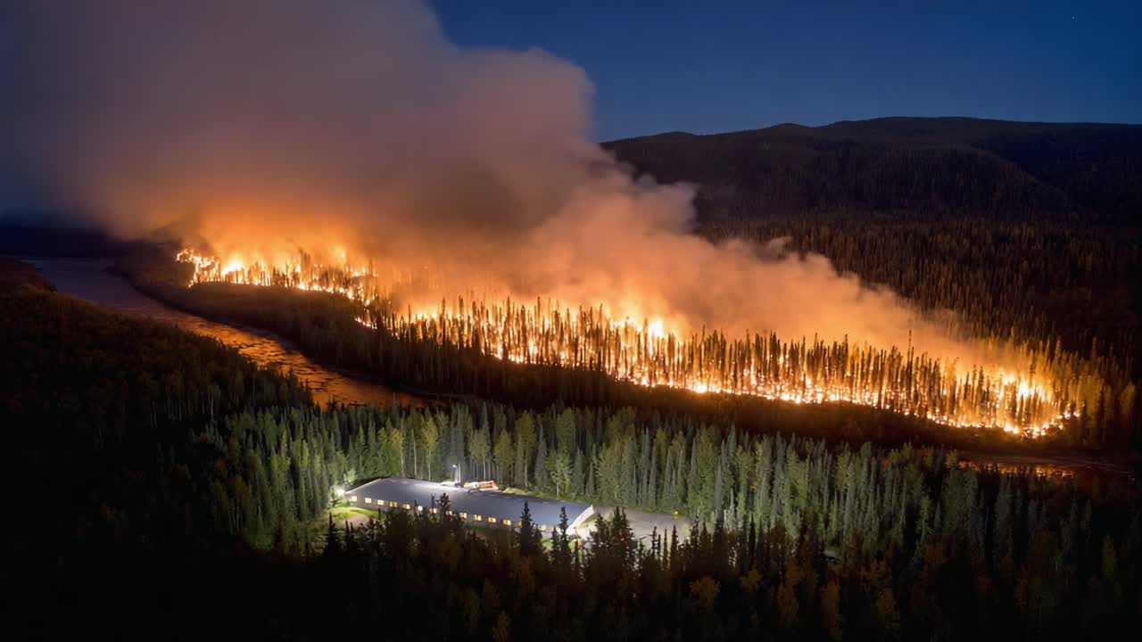 Aerial View of a Massive Forest Fire Engulfing Trees at Night, Highlighting the Contrast Between Flames and Surrounding Wilderness