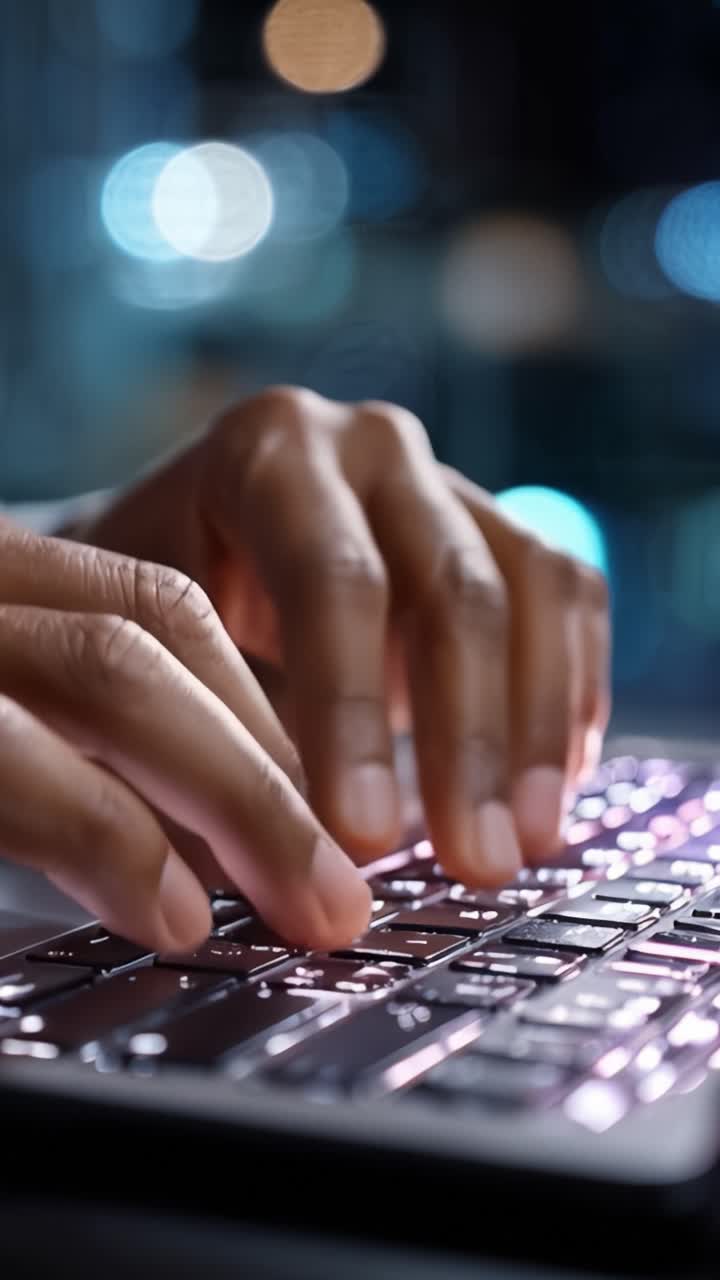 Close-Up of Hands Typing on a Backlit Keyboard in a Cozy, Dimly Lit Environment with Bokeh Lights in the Background Creating a Warm and Inviting Atmosphere
