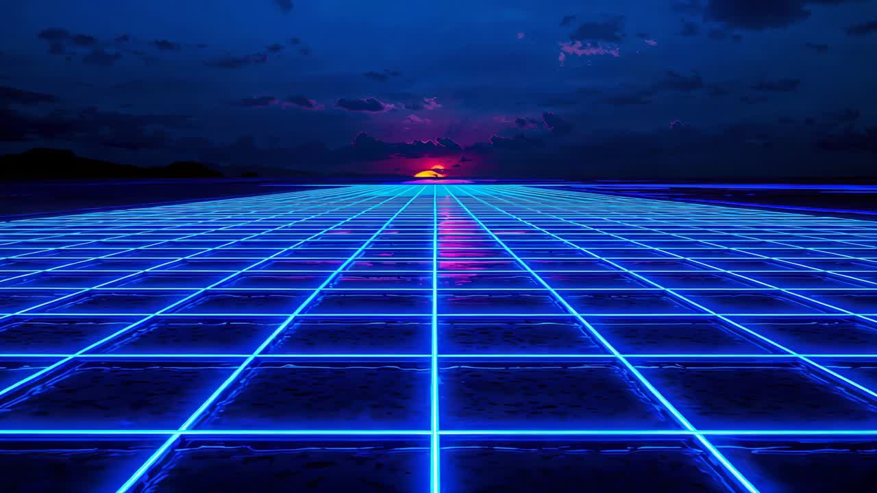 Brightening sun casting magenta rim light across neon grid toward horizon, reflection intensifying
