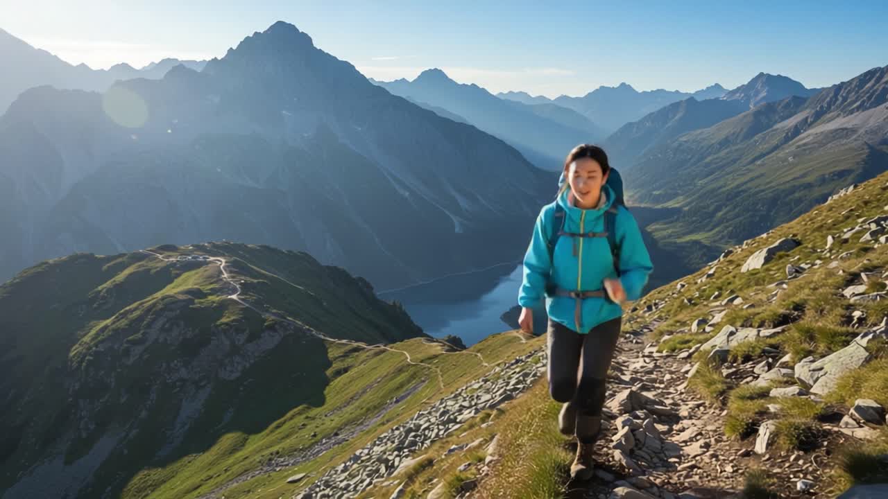 A Hiker Ascends the Majestic Mountainside, Embraced by Nature's Splendor and Panoramic Views of the Serene Valley Below in Early Morning Light