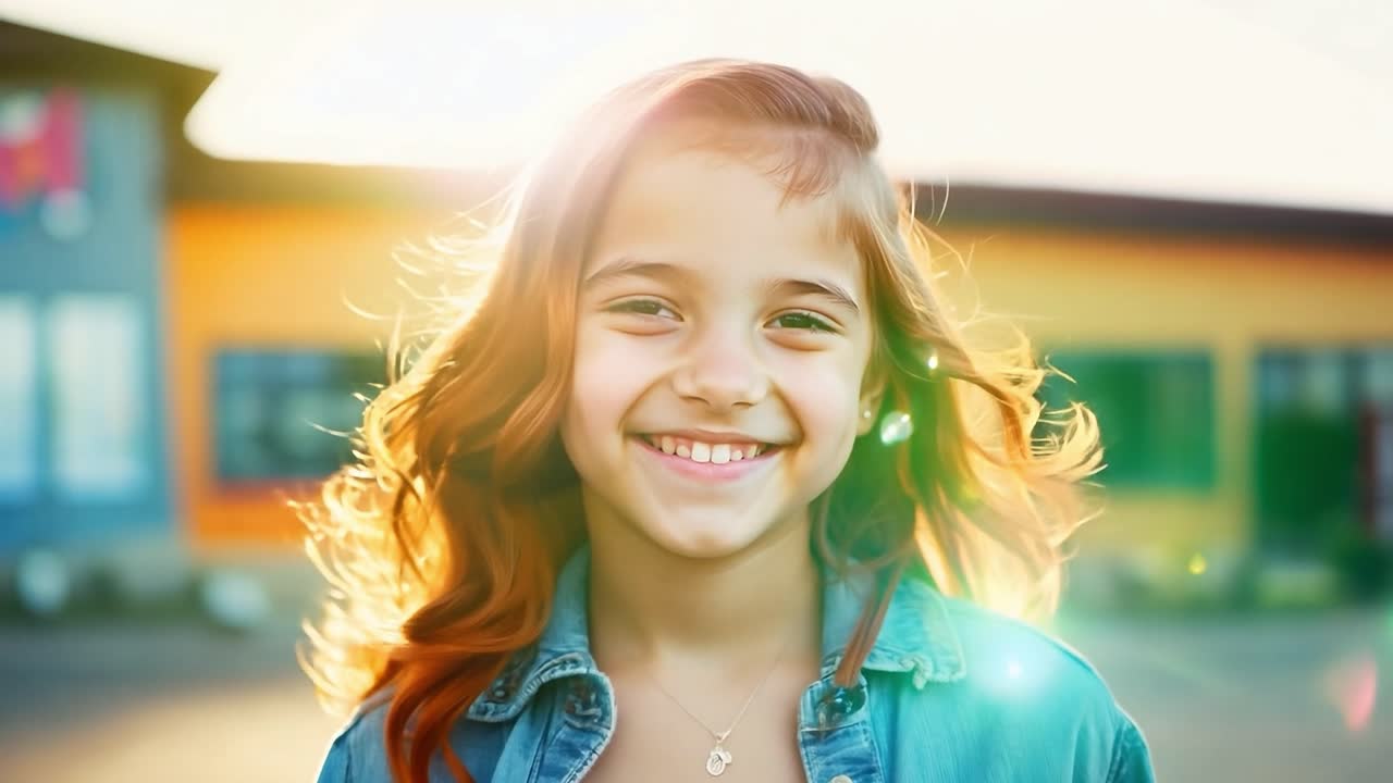 Smiling redhead girl with freckles poses outdoors on a sunny day. Her cheerful expression radiates joy and happiness, capturing the essence of youth and carefree childhood moments