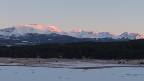 beautiful glowing snowy mountain peaks above distant forests at laguna la zeta, esquel, province of chubut, argentina