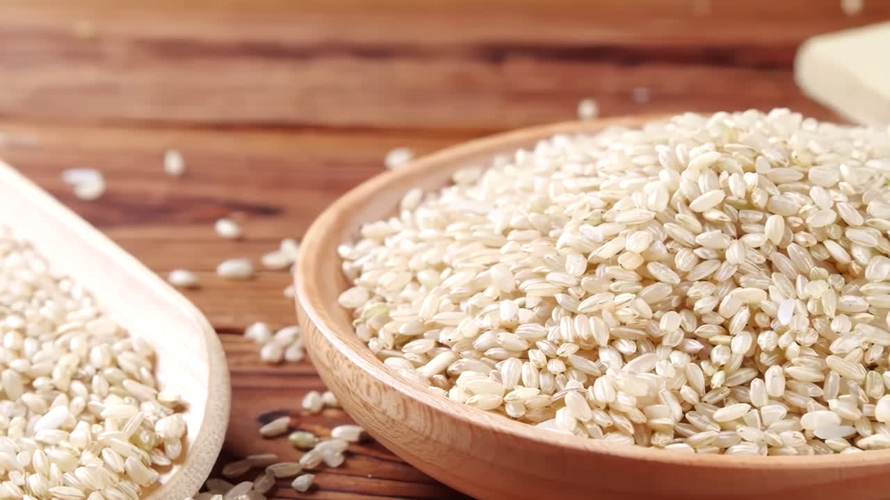 다양한 색의 다양한 원시 건강한 곡물 음식, 다양한 곡물, 곡물, 콩, 콩류는 광고 개념을 위해 목조 장식으로 회전됩니다.