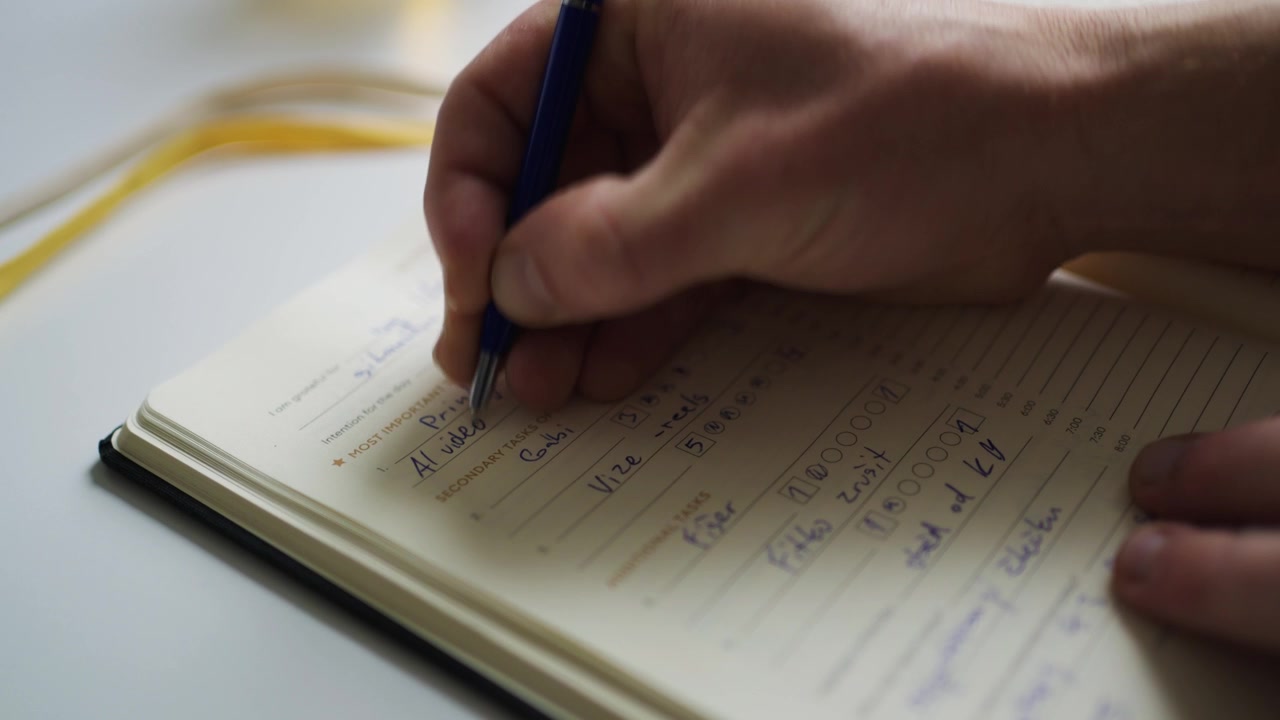 Young entrepreneur handwrites productivity book at desk, close-up shot, creativity, planning, business concept