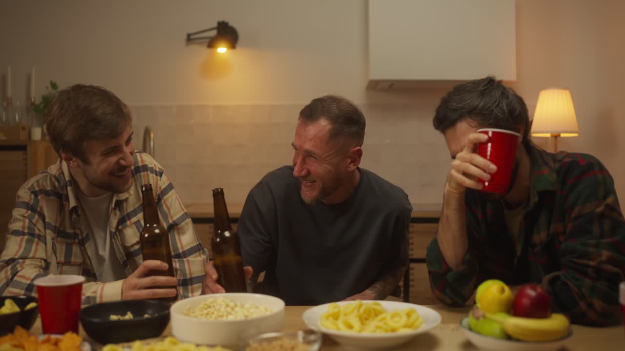 친구 들 이 집 에서 맥주 와 간식 을 즐기고 있다