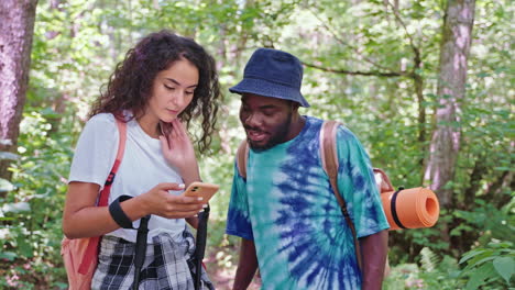 excursionistas usando un teléfono inteligente en el bosque
