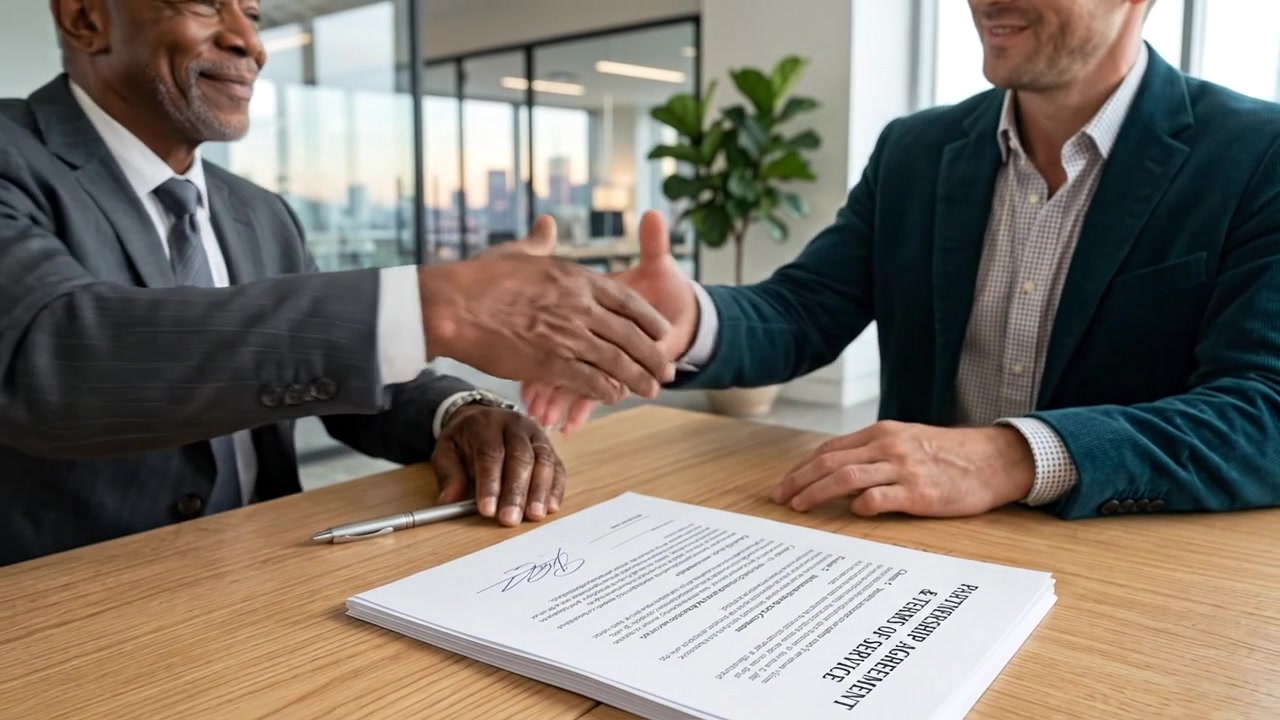 Businessmen Signing a Partnership Agreement and Shaking Hands in an Office