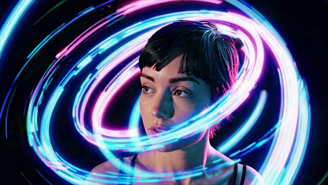 A woman surrounded by swirling neon lights, captured in a close-up angle