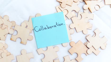 a captivating scene showcasing teamwork with puzzle pieces and a note collaboration.