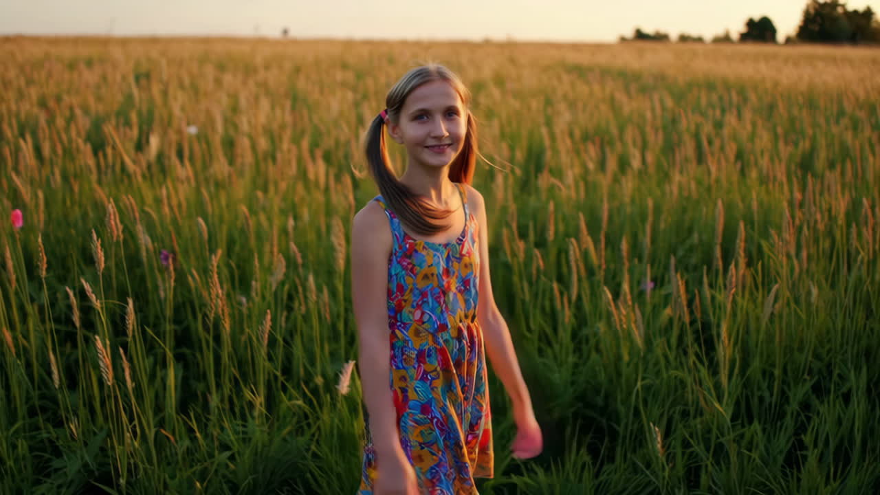 Mädchen auf einem Feld bei Sonnenuntergang