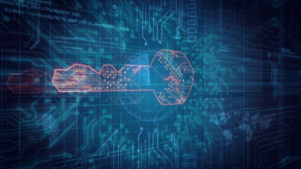 Animated Digital Key Forming on Futuristic Circuit Board Background