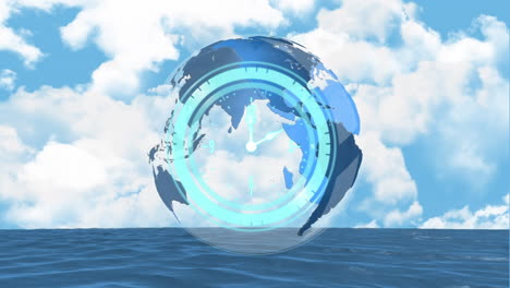 animación de reloj y globo en movimiento sobre el cielo con nubes y mar