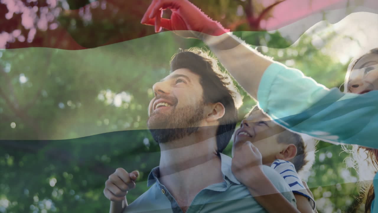 Family outdoors with colorful animation overlay, enjoying leisure time together