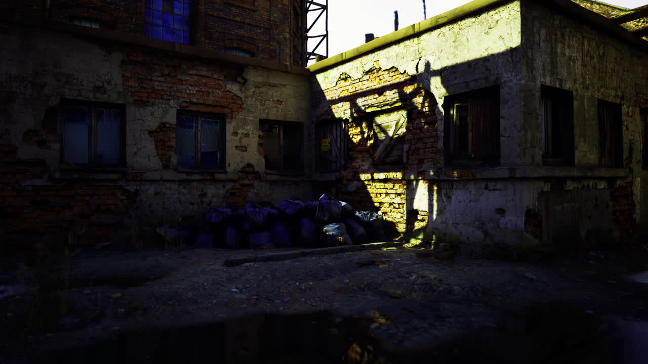 Sunlight casting shadows on a derelict building in an abandoned area