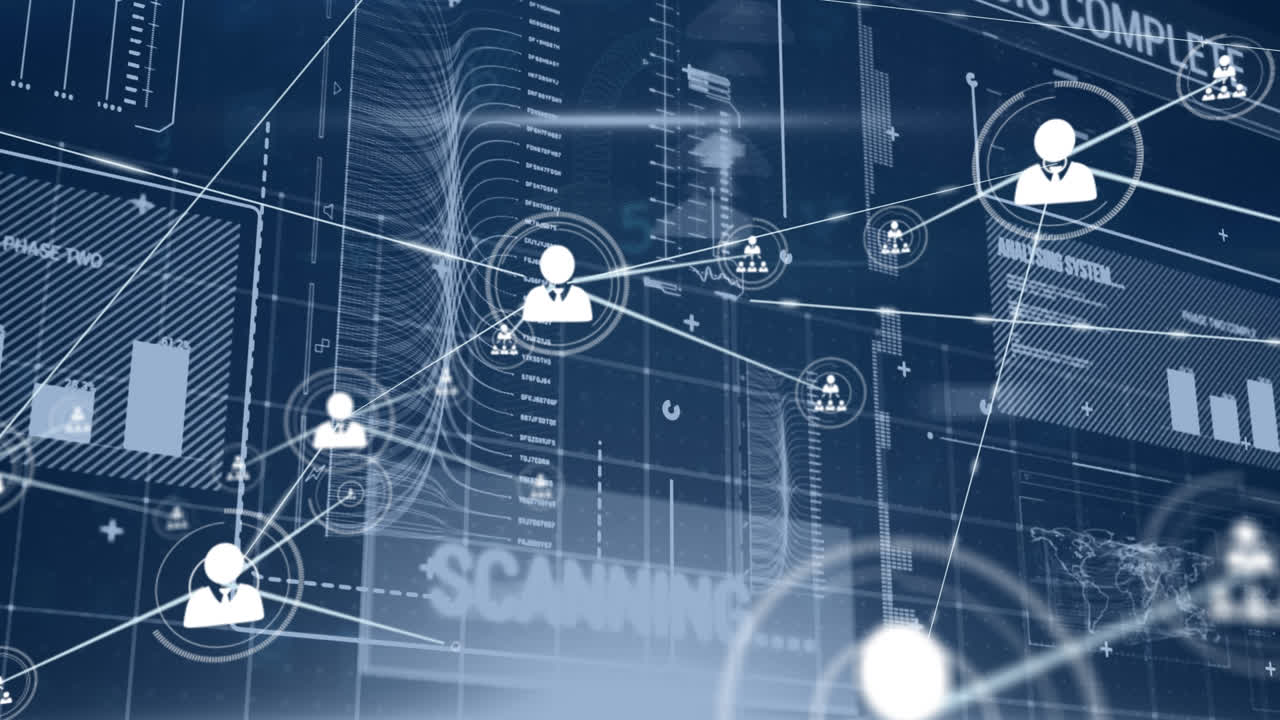 Animation of network of connections with digital icons statistics and data processing