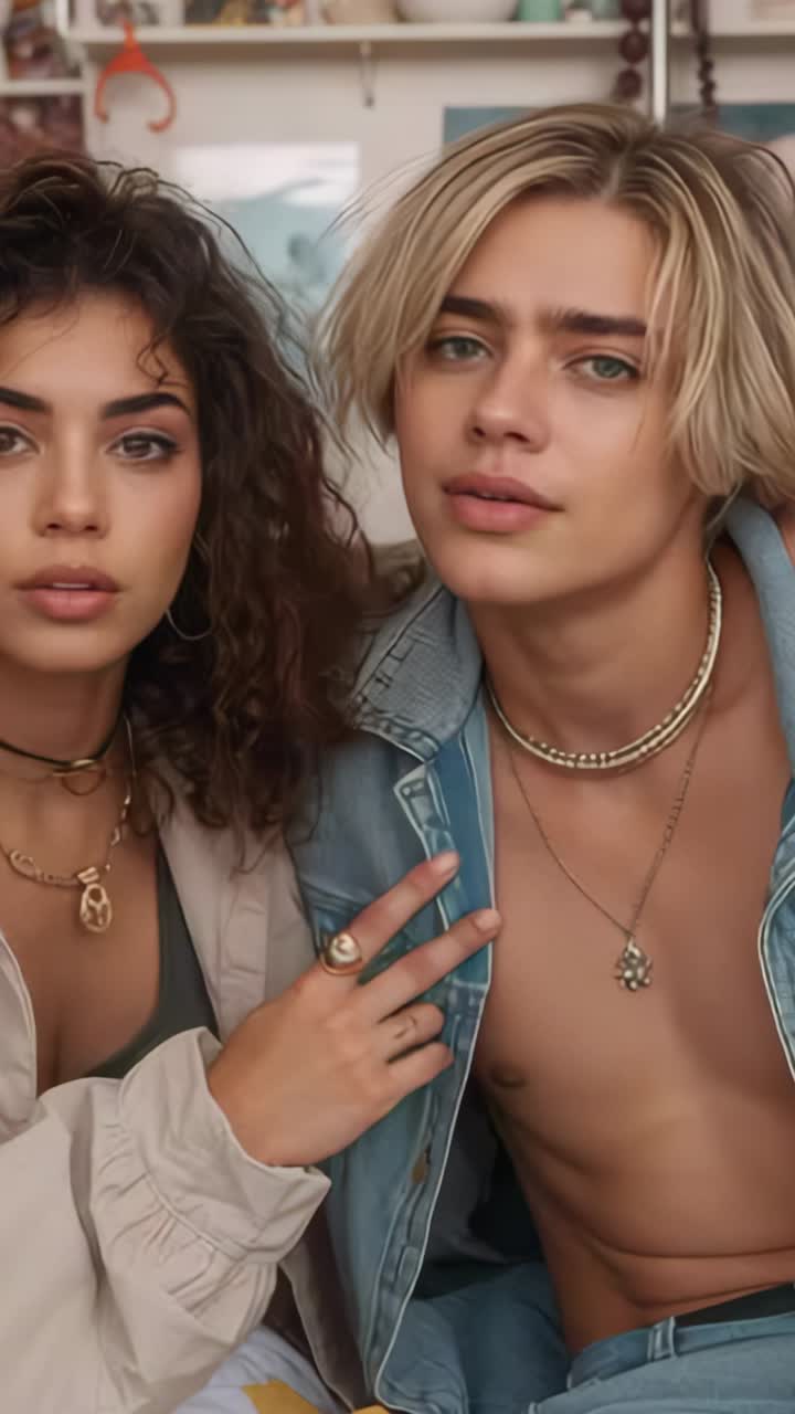 Vertical video: Leaning in woman adjusting man's jacket and necklaces on couch at home, styling