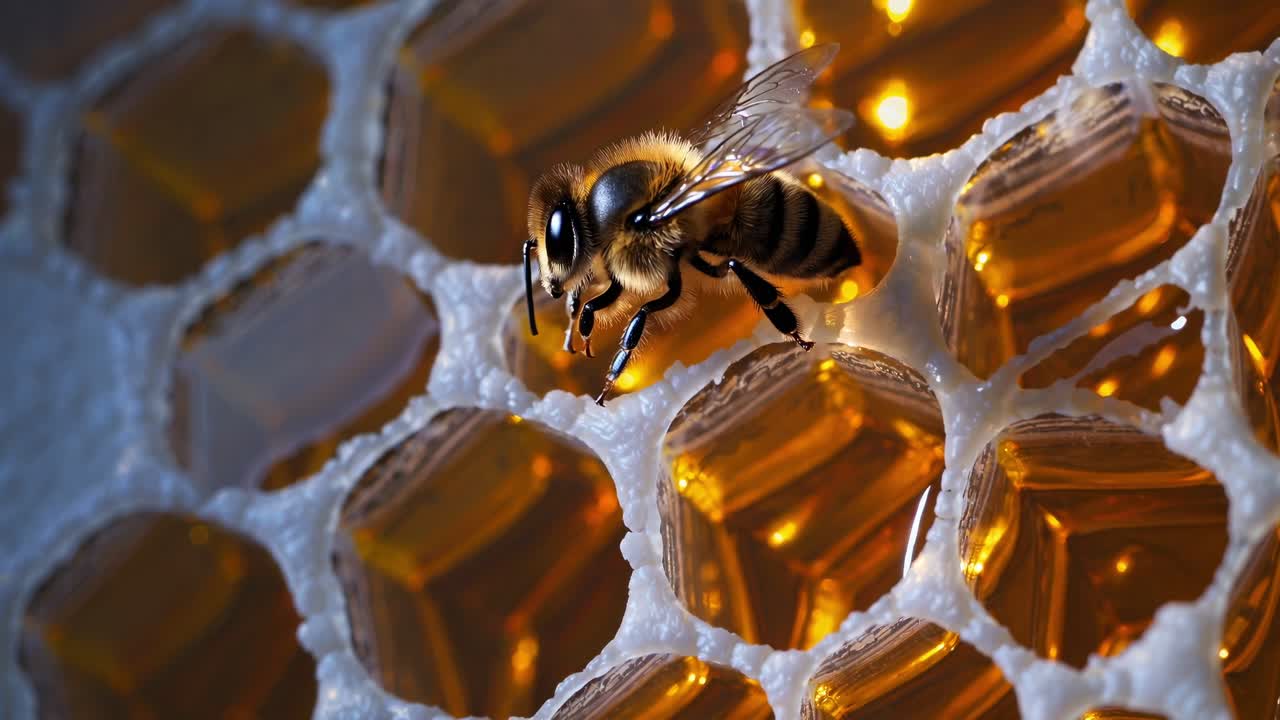 la abeja se arrastra a lo largo de la superficie dorada del panal, revelando intrincadas células de cera llenas de néctar ámbar, la luz solar reflejada a través de delicadas alas iridescentes